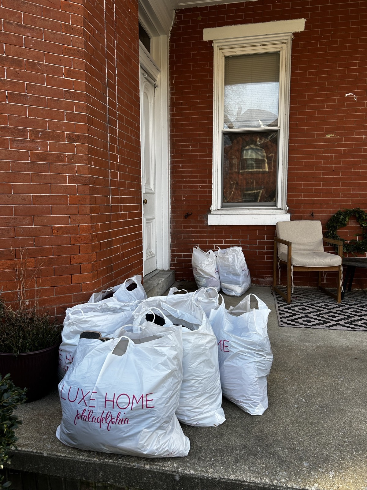 Bags of clothing donations ready for a free doorstep pickup in West Chester Pennsylvania